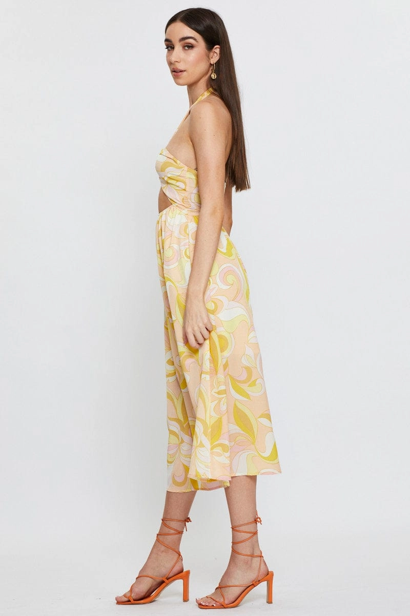 Abstract Print Maxi Dress Sleeveless Halter Neck