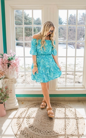 Aqua Off Shoulder Mini Dress - Final Sale
