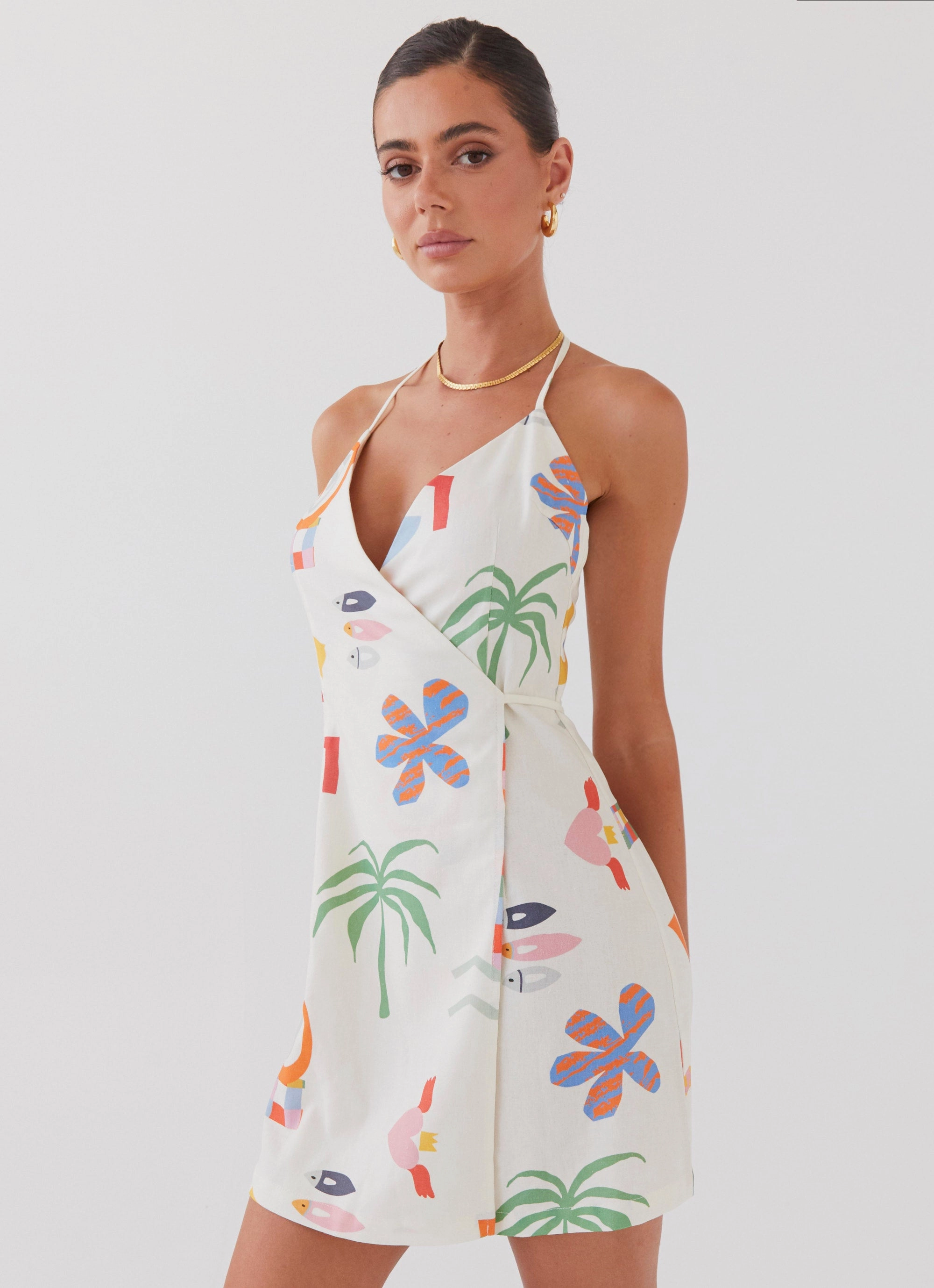 At Last Sunrise Wrap Linen Mini Dress - Summer Palm