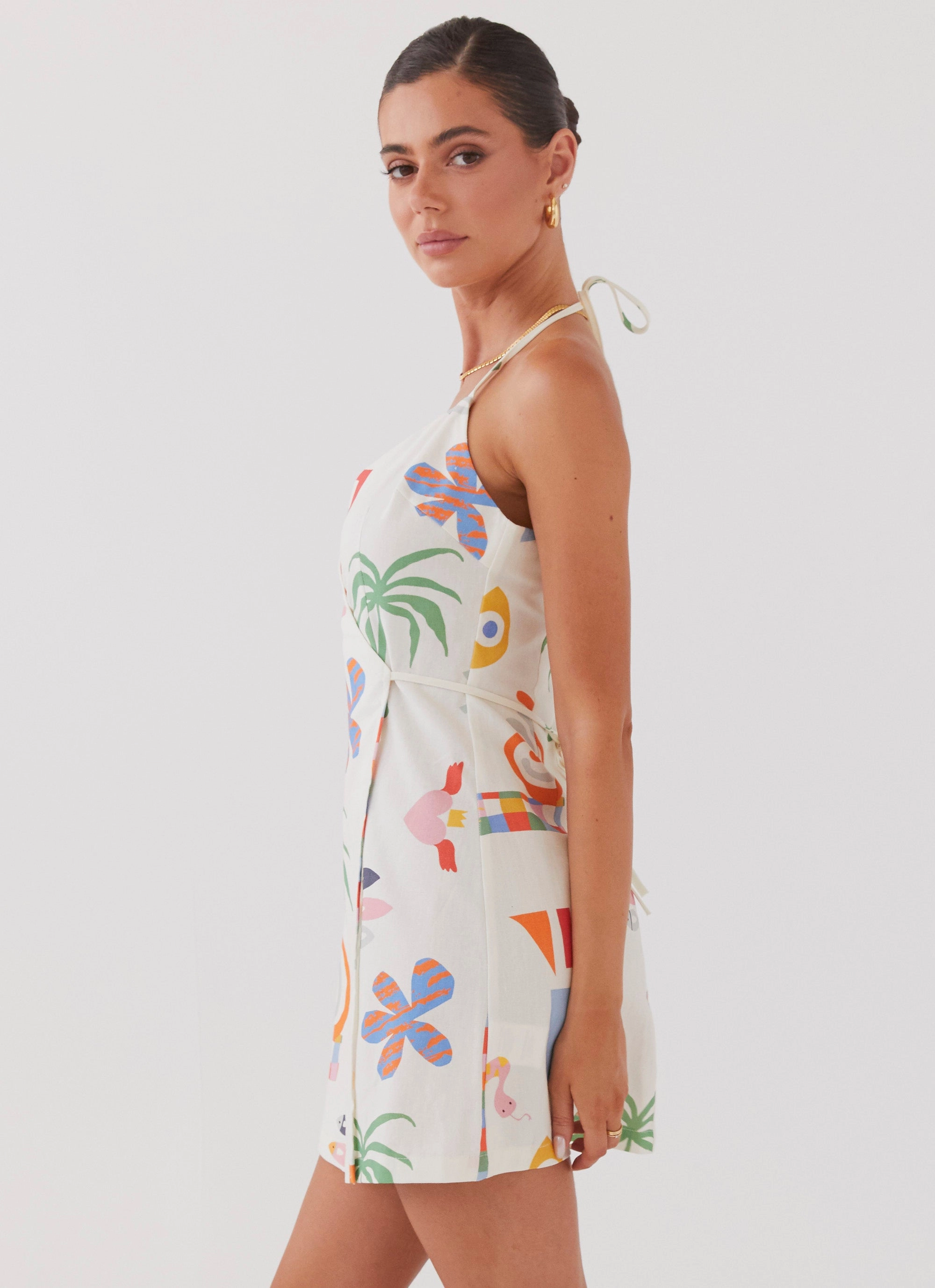 At Last Sunrise Wrap Linen Mini Dress - Summer Palm