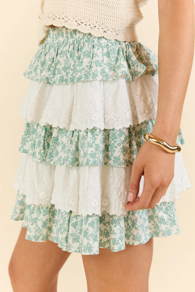 Best Memory Sage and Ivory Floral Tiered Ruffle Skort