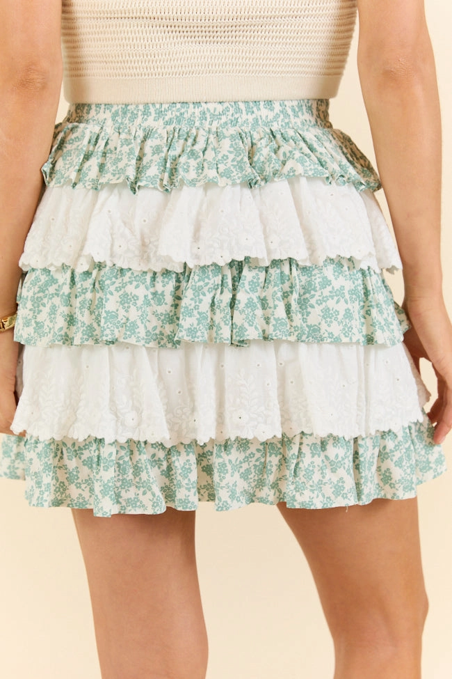 Best Memory Sage and Ivory Floral Tiered Ruffle Skort