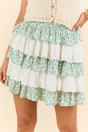 Best Memory Sage and Ivory Floral Tiered Ruffle Skort