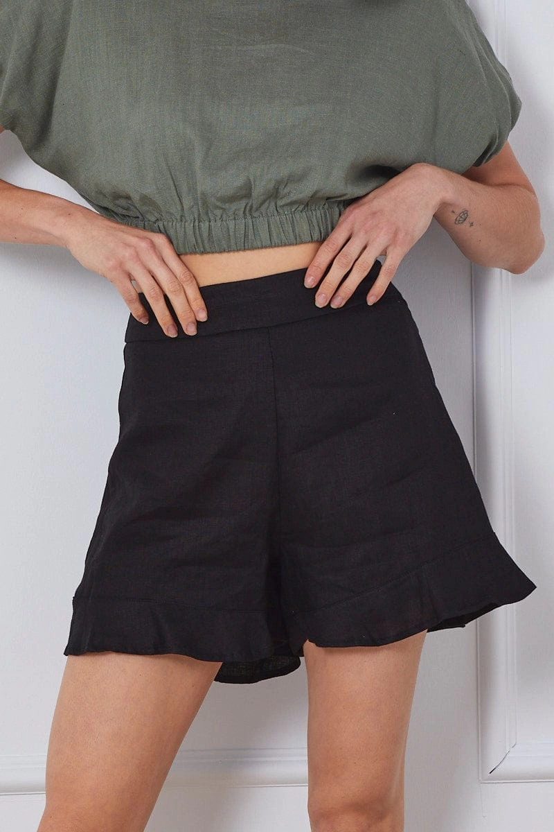 Black High Rise Shorts Linen