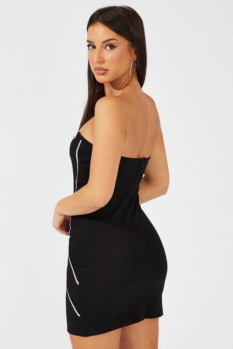 Black Mini Dress Strapless Bandeau Bodycon Diamonte