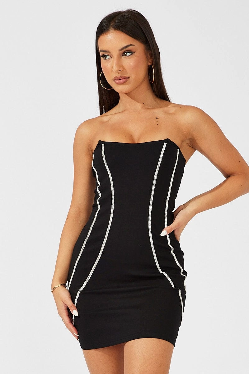 Black Mini Dress Strapless Bandeau Bodycon Diamonte