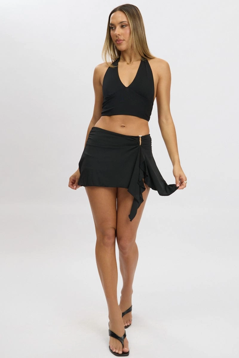 Black Mini Skort Skirt Mid Rise Buckle Detail High Low