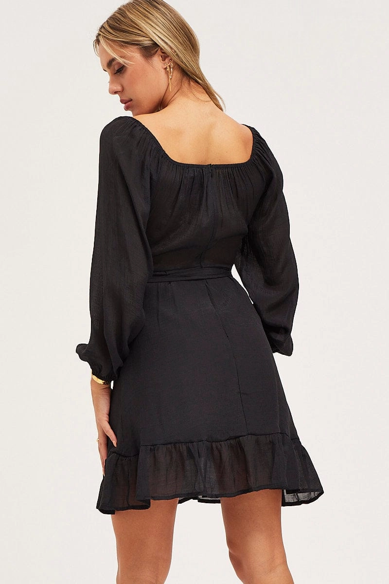 Black Skater Dress Long Sleeve Mini Ruffle