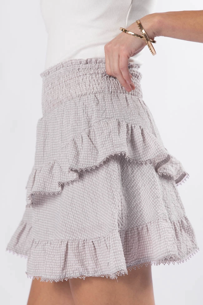 Blissful Mood Taupe Gingham Lace Trim Mini Skort