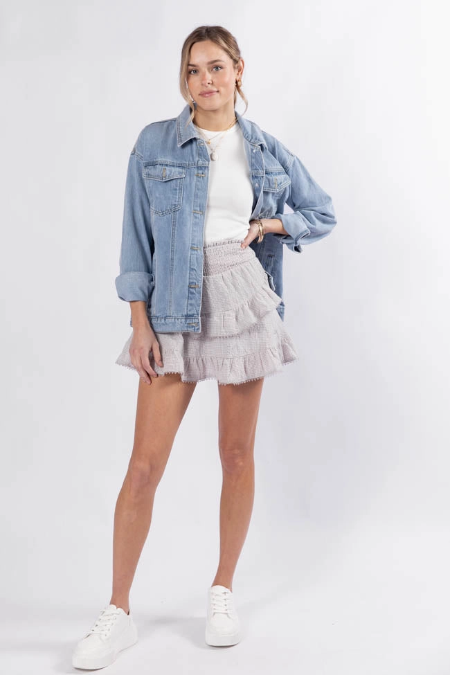 Blissful Mood Taupe Gingham Lace Trim Mini Skort