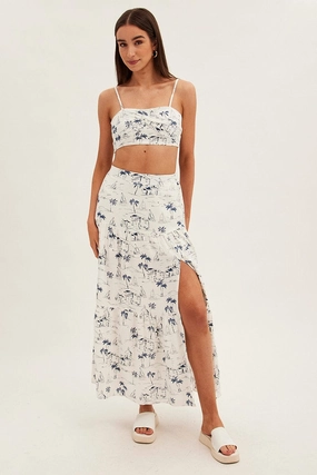 Blue Abstract Maxi Skirt High Waist Split Tiered Printed