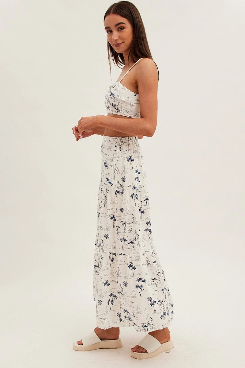 Blue Abstract Maxi Skirt High Waist Split Tiered Printed