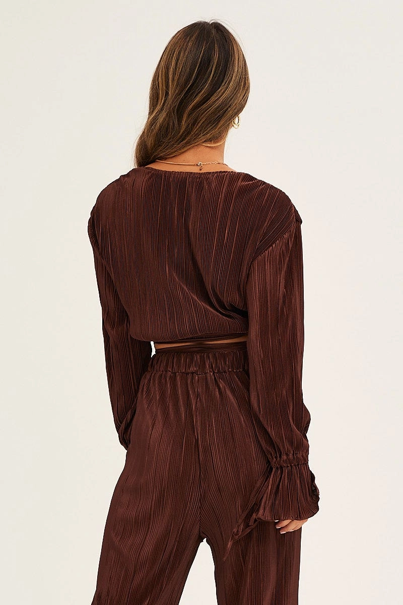 Brown Plisse Pants Wide Leg High Rise