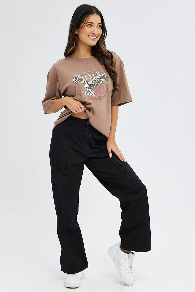 Brown T Shirt Short Sleeve Crew Neck Oversized Eagle