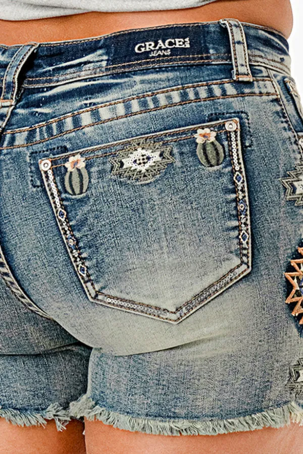 Cactus Floral Mid Rise Embroidered Denim Shorts