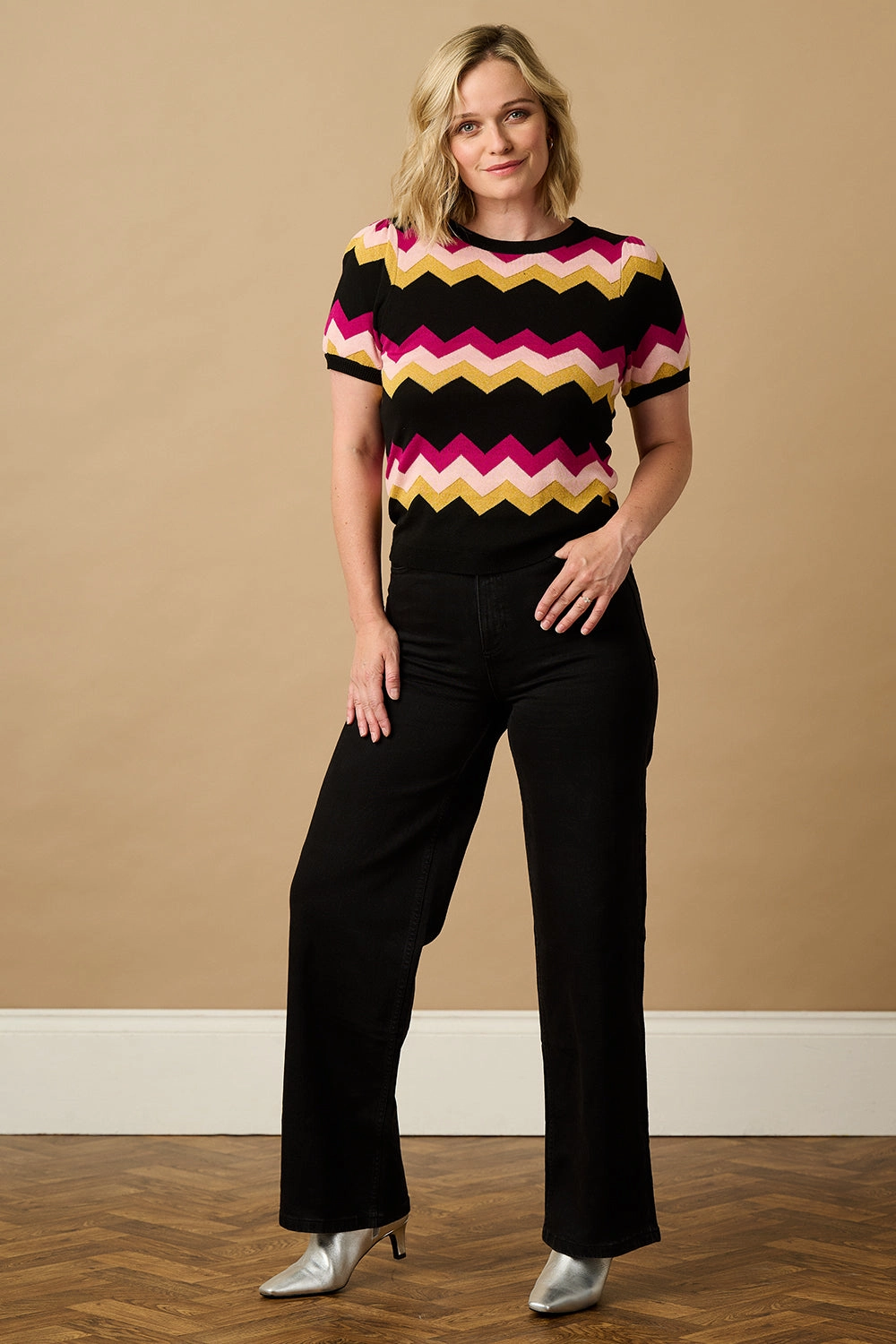 Calypso Knit Top - Black. Sparkle Chevron