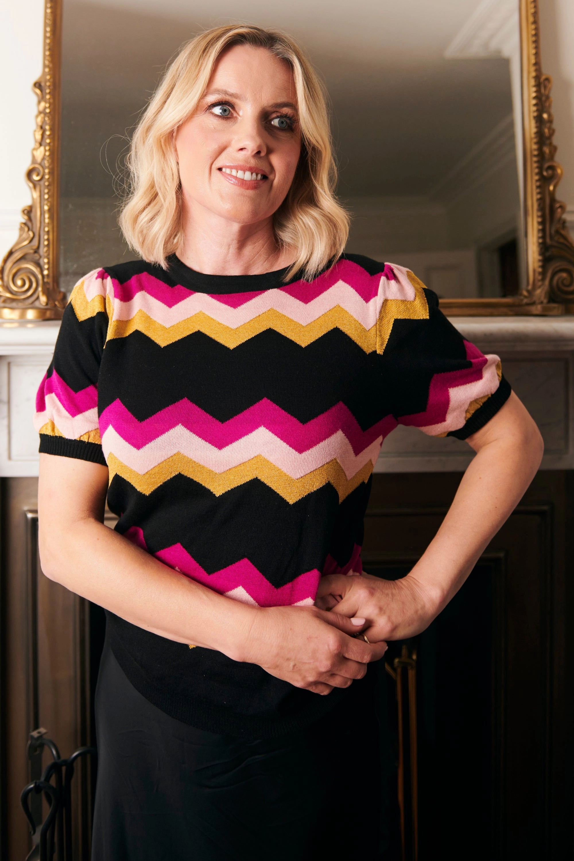 Calypso Knit Top - Black. Sparkle Chevron