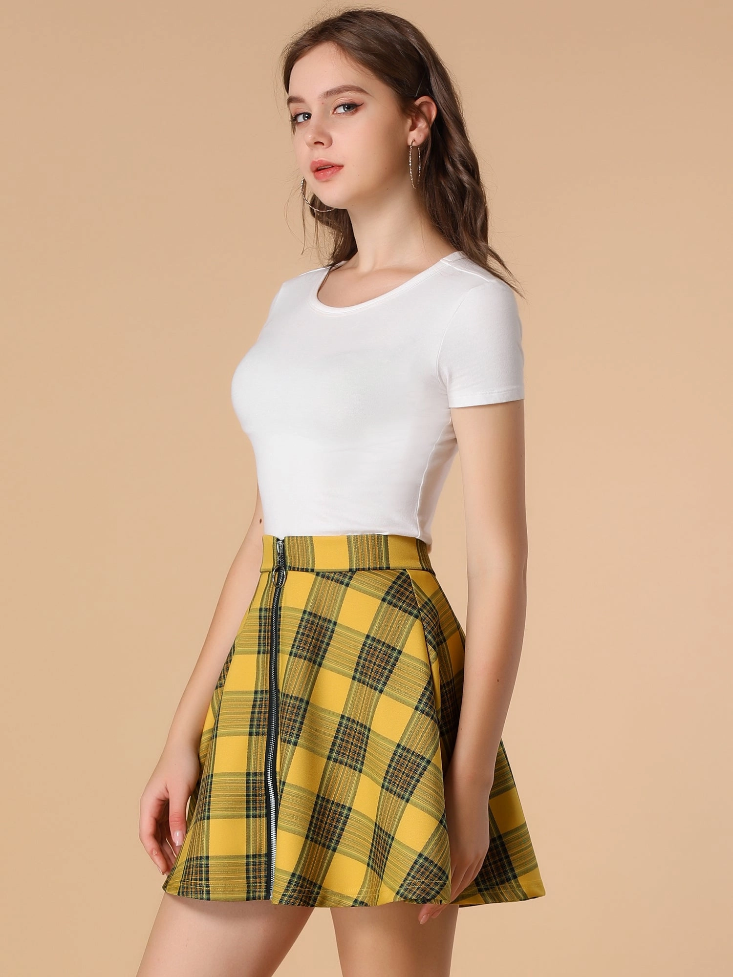 Christmas Plaid Skater Casual Flare Zip-Up Mini Skirt