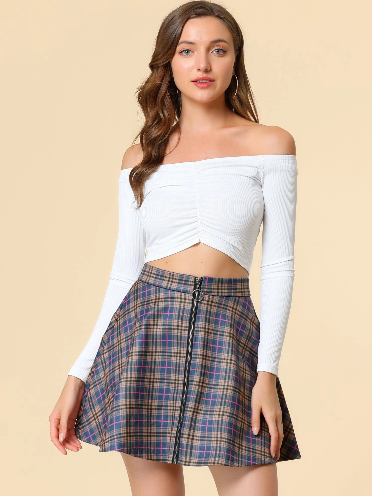 Christmas Plaid Skater Casual Flare Zip-Up Mini Skirt