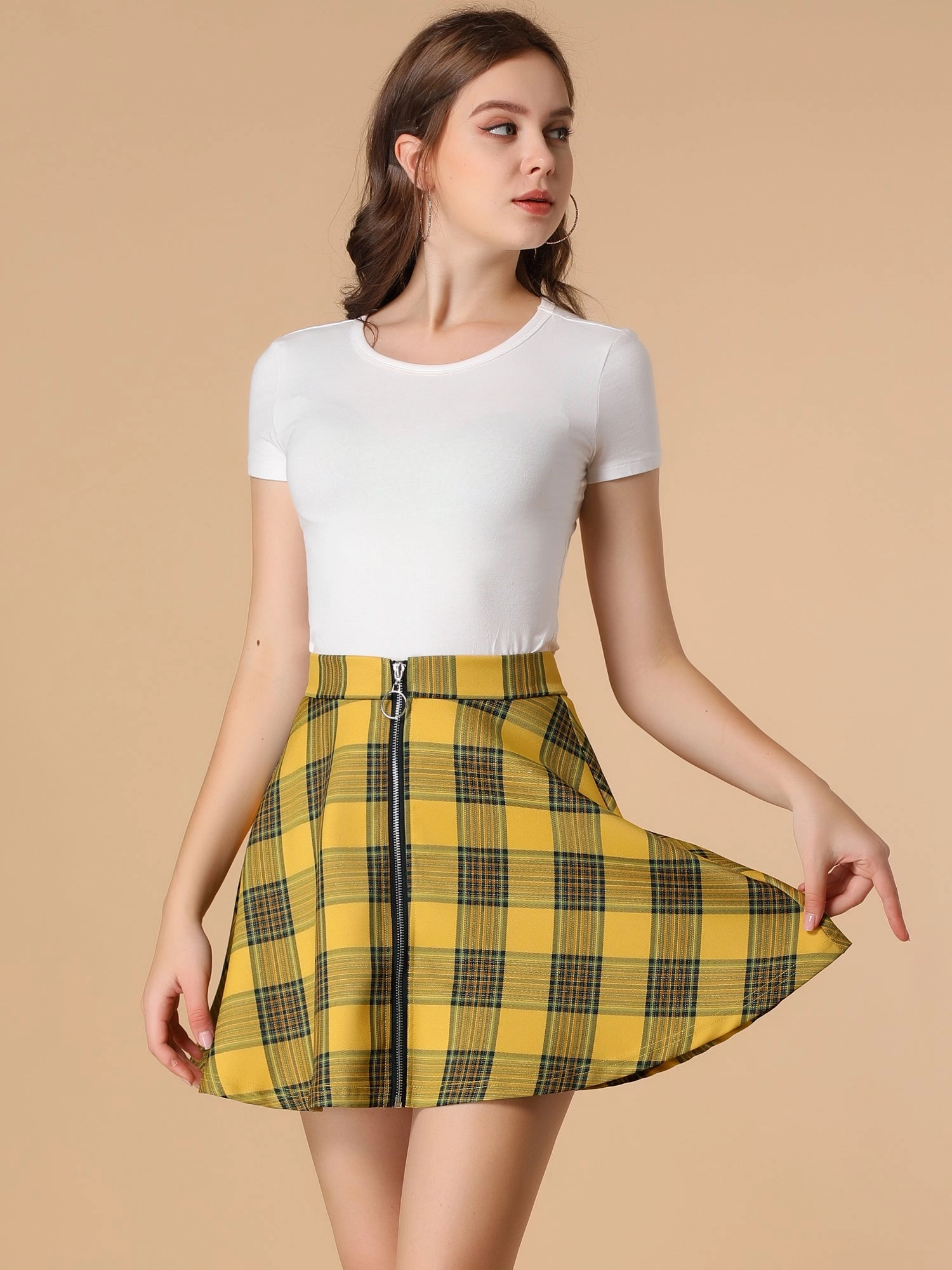Christmas Plaid Skater Casual Flare Zip-Up Mini Skirt