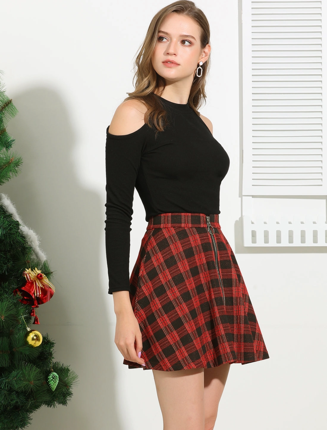 Christmas Plaid Skater Casual Flare Zip-Up Mini Skirt