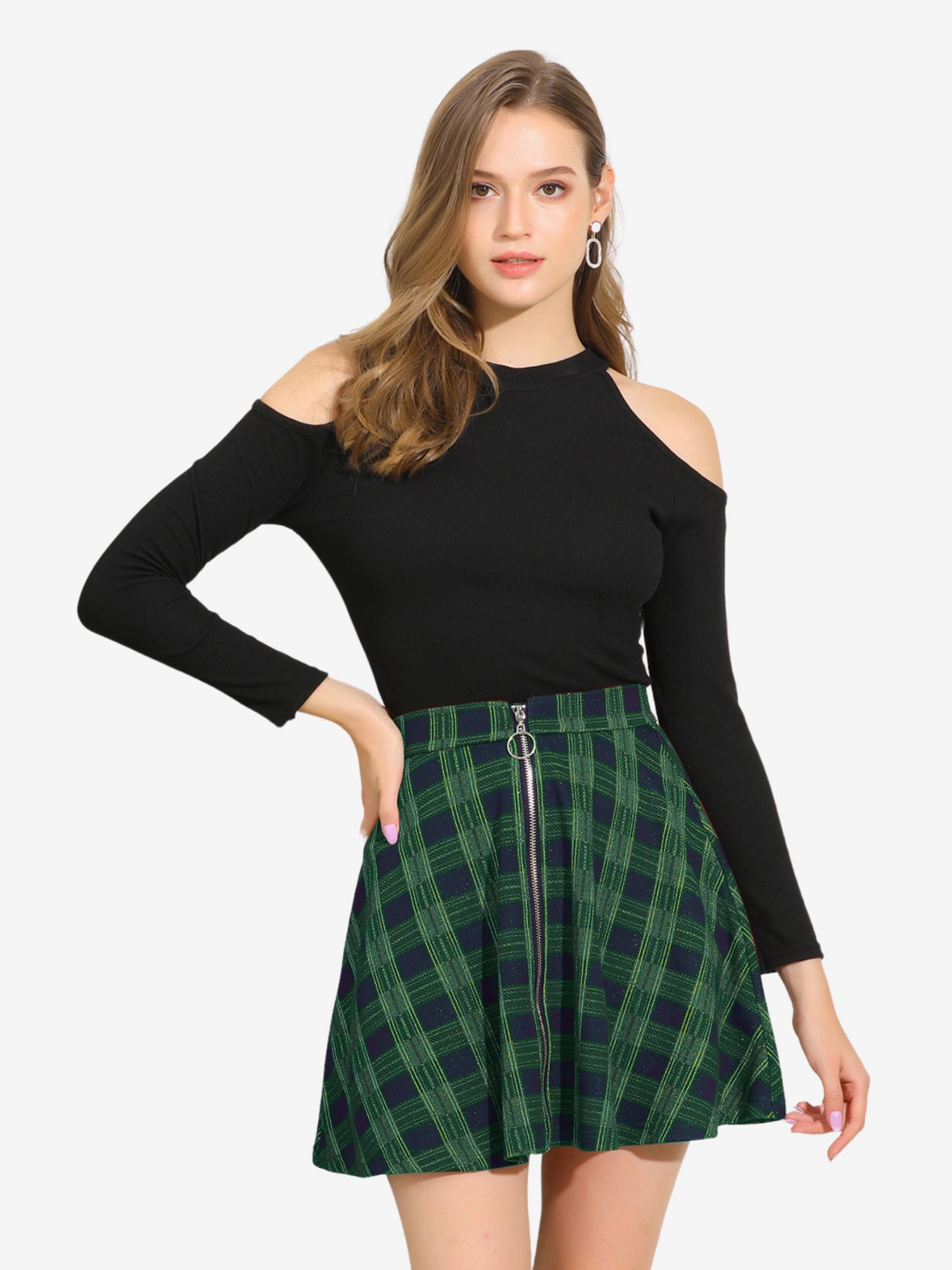 Christmas Plaid Skater Casual Flare Zip-Up Mini Skirt