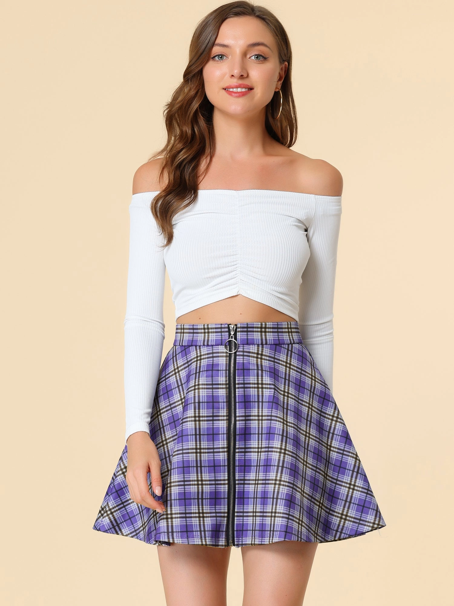 Christmas Plaid Skater Casual Flare Zip-Up Mini Skirt