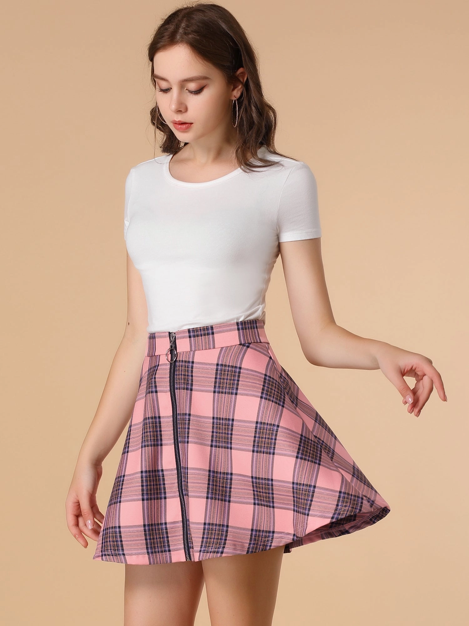 Christmas Plaid Skater Casual Flare Zip-Up Mini Skirt