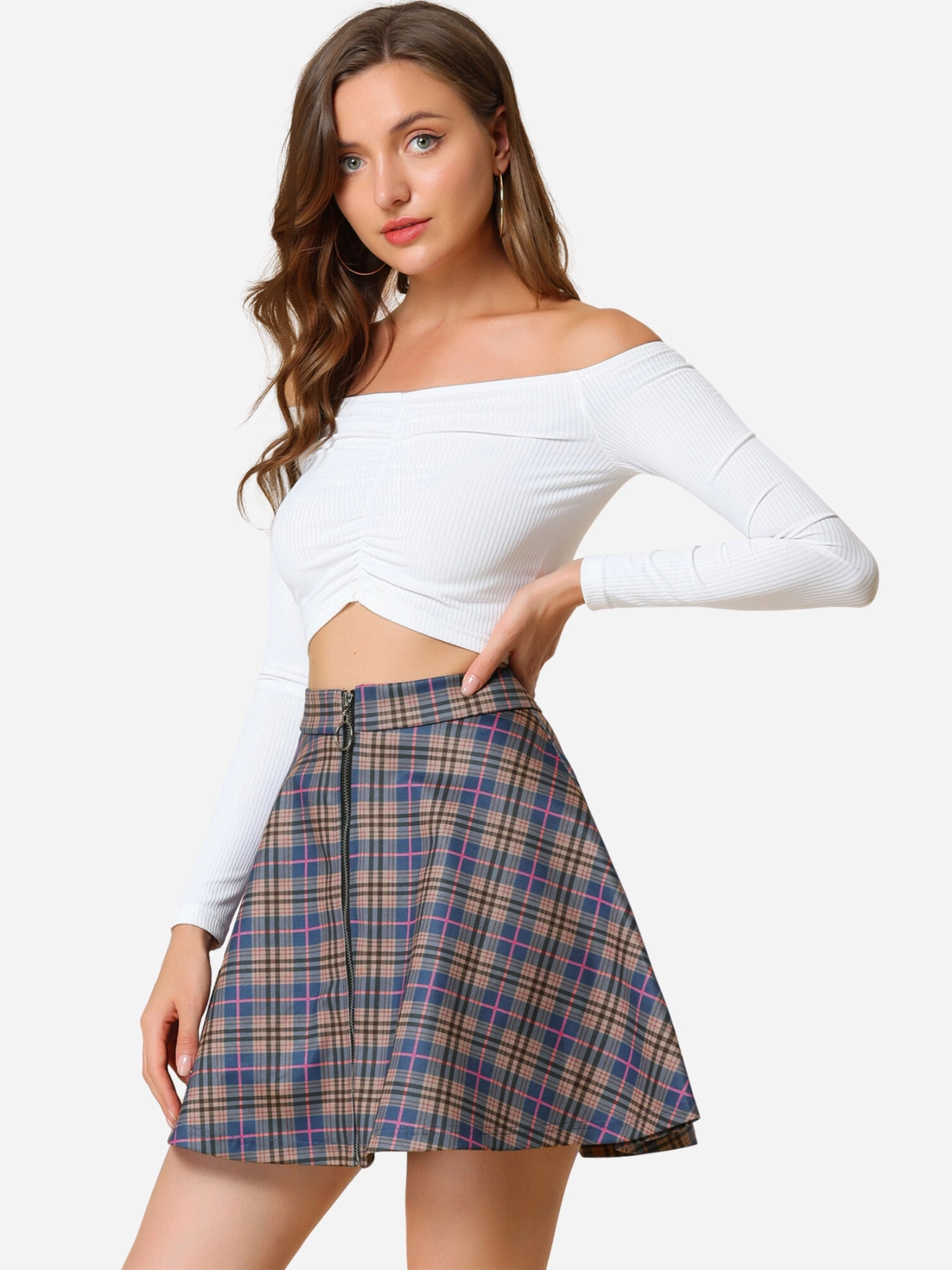 Christmas Plaid Skater Casual Flare Zip-Up Mini Skirt