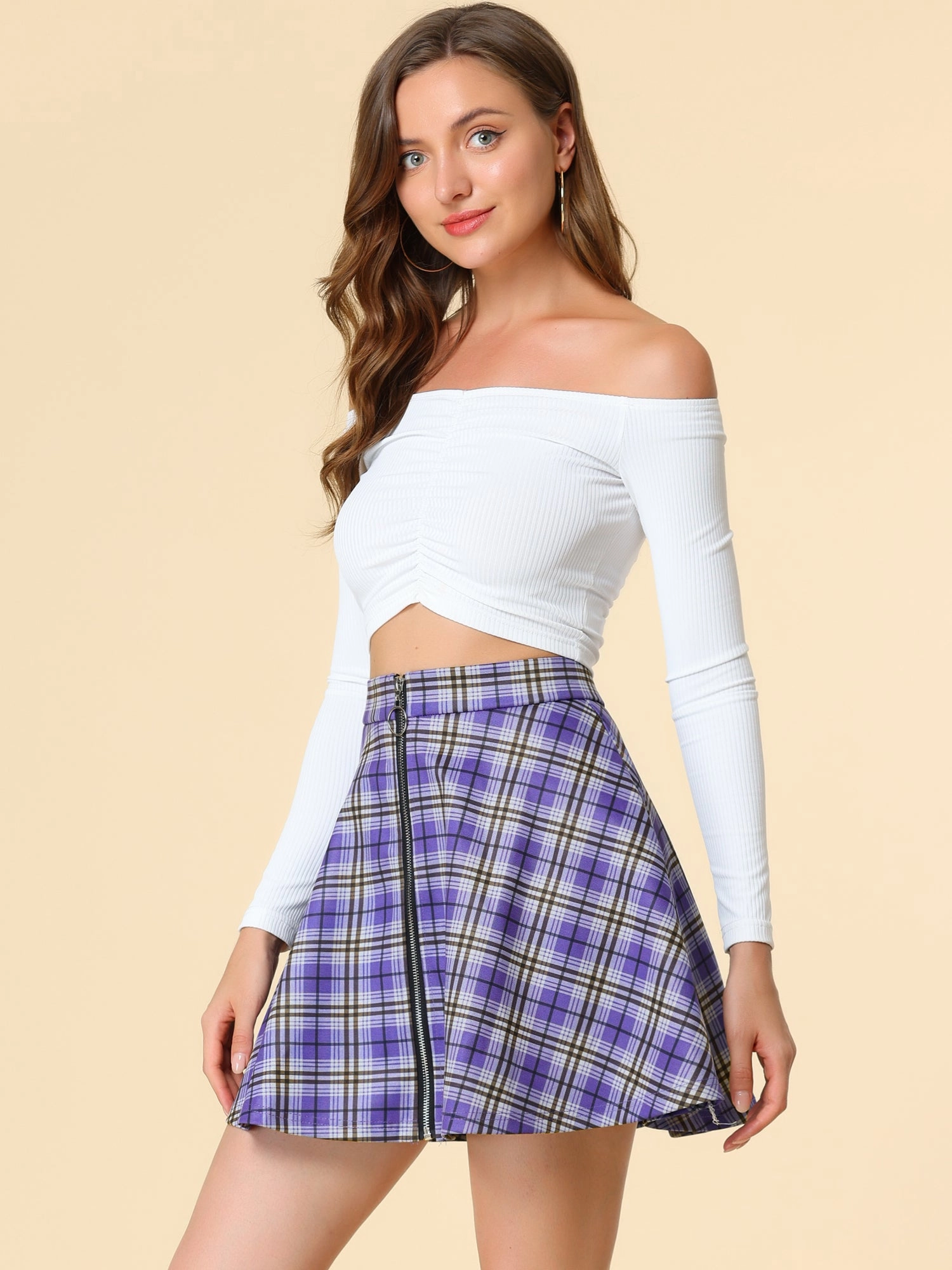 Christmas Plaid Skater Casual Flare Zip-Up Mini Skirt