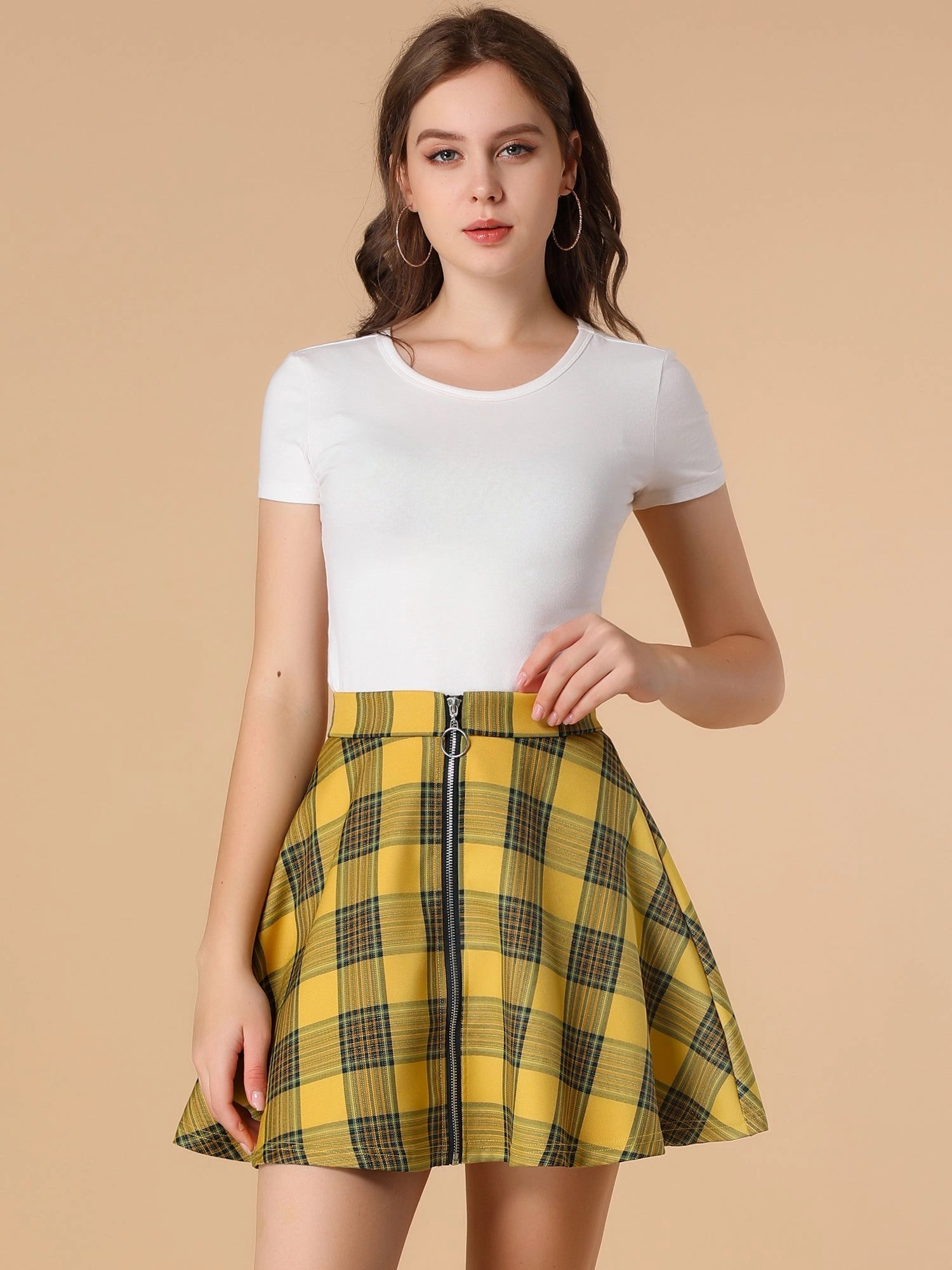 Christmas Plaid Skater Casual Flare Zip-Up Mini Skirt