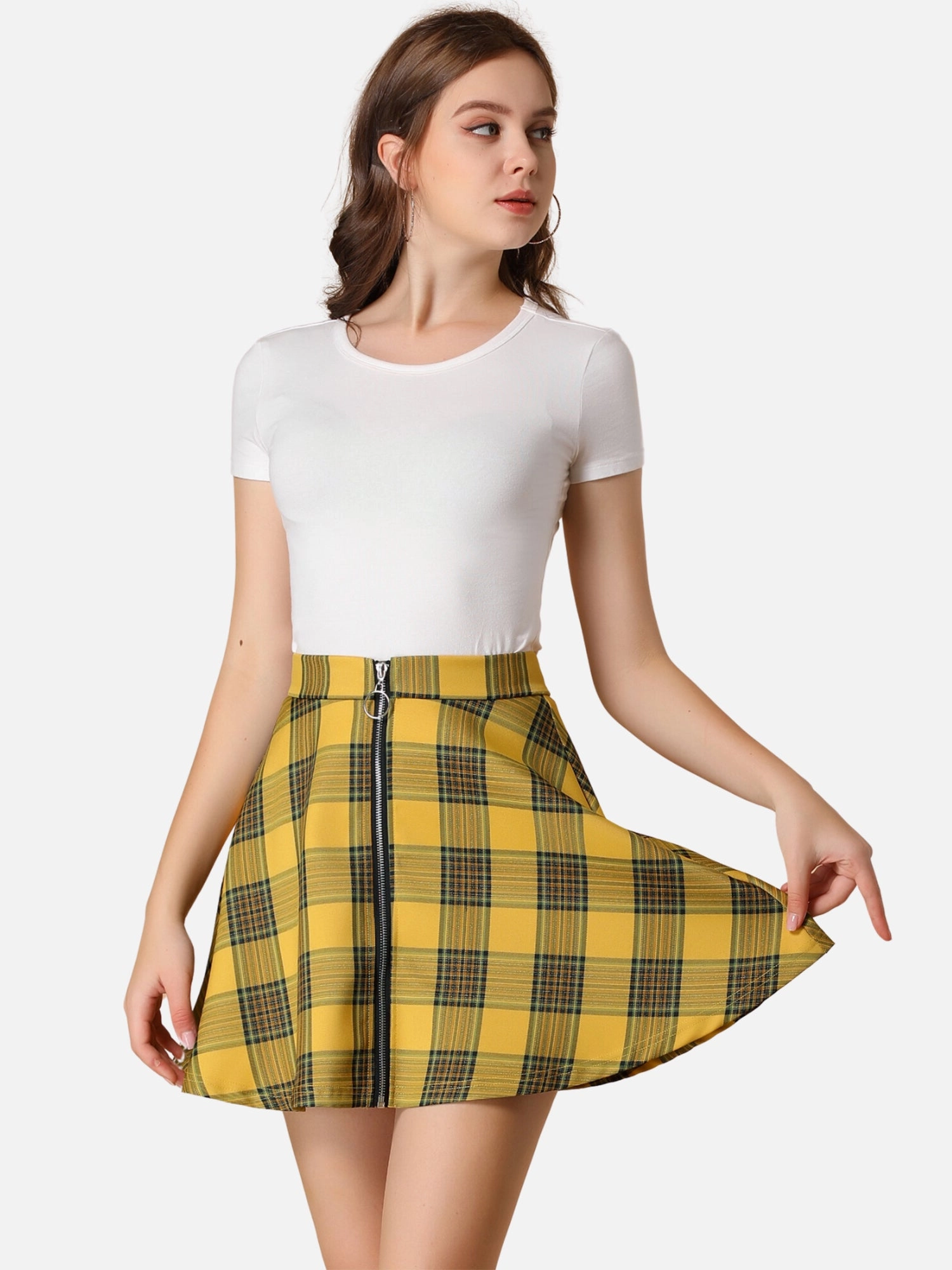 Christmas Plaid Skater Casual Flare Zip-Up Mini Skirt