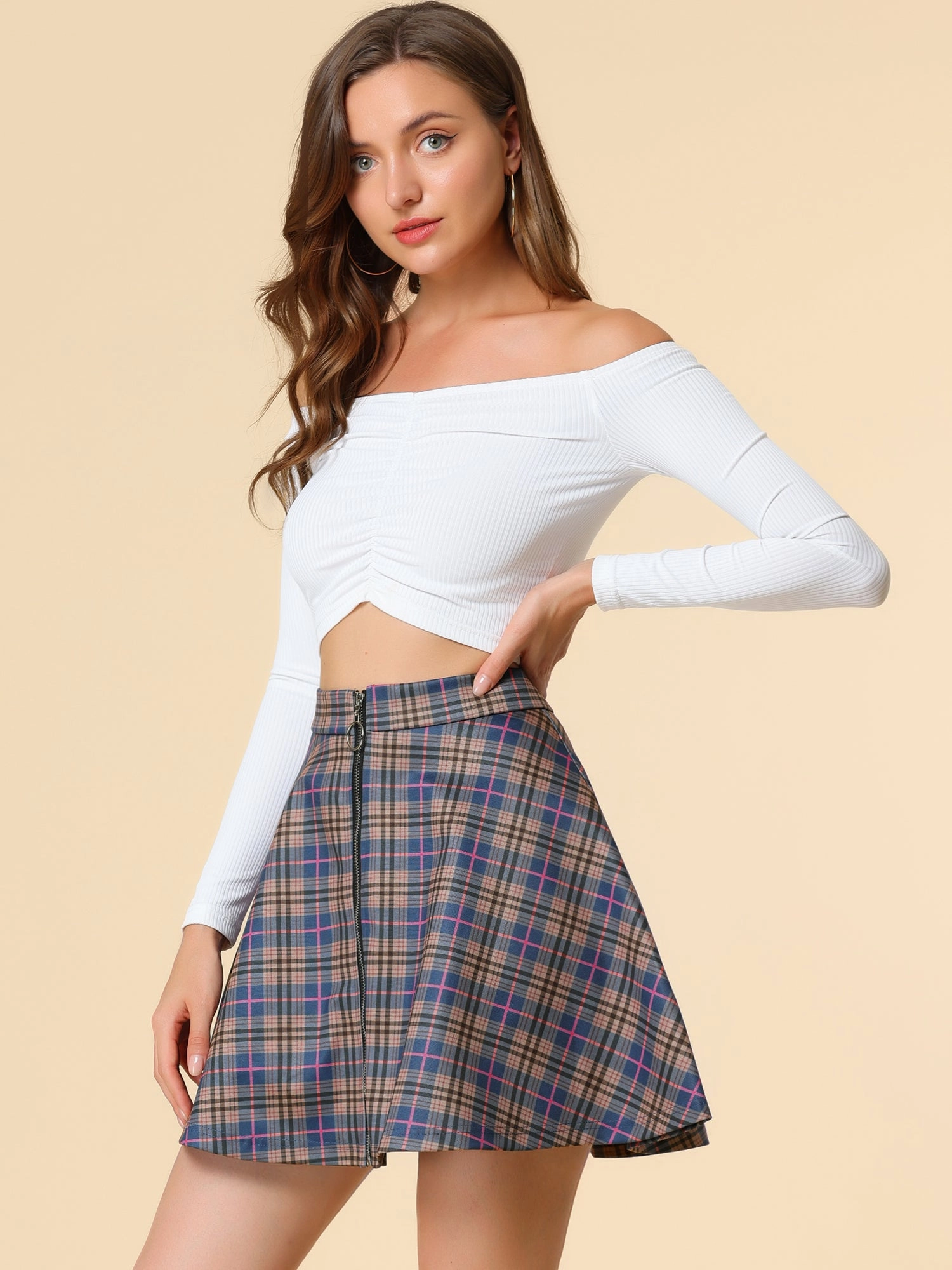 Christmas Plaid Skater Casual Flare Zip-Up Mini Skirt