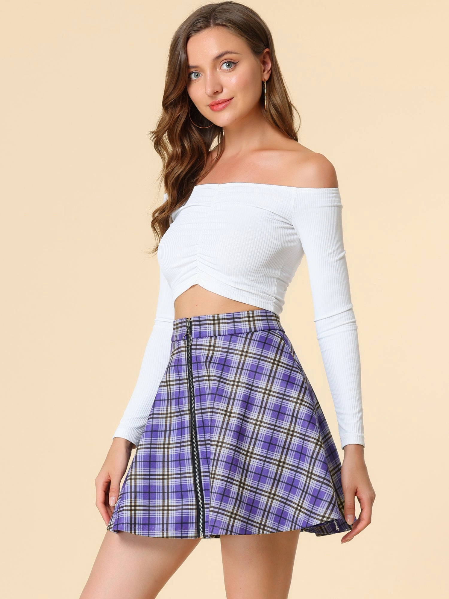 Christmas Plaid Skater Casual Flare Zip-Up Mini Skirt