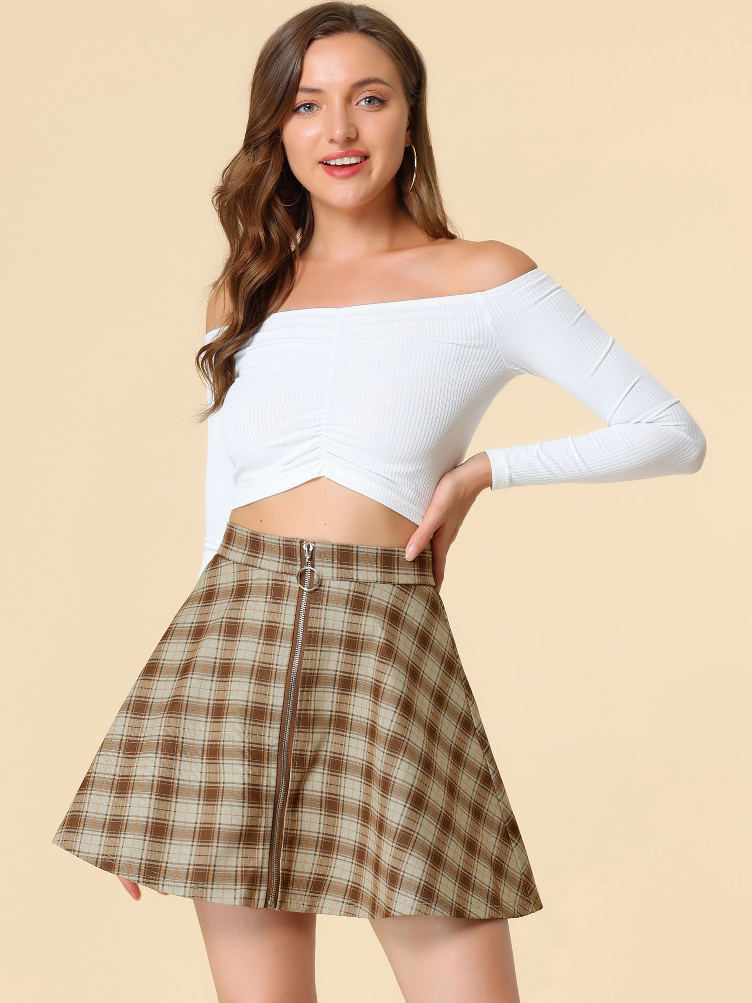 Christmas Plaid Skater Casual Flare Zip-Up Mini Skirt