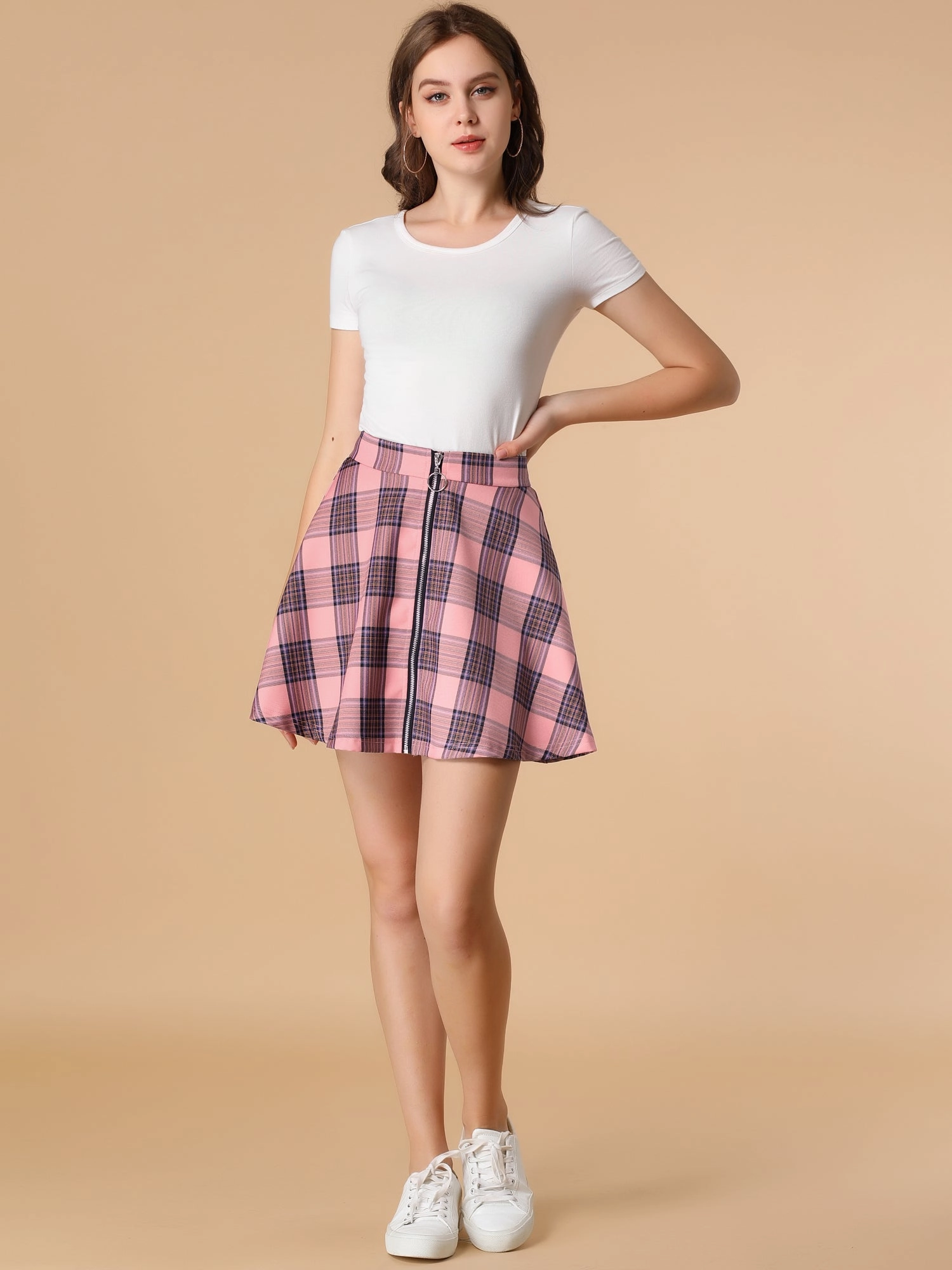 Christmas Plaid Skater Casual Flare Zip-Up Mini Skirt