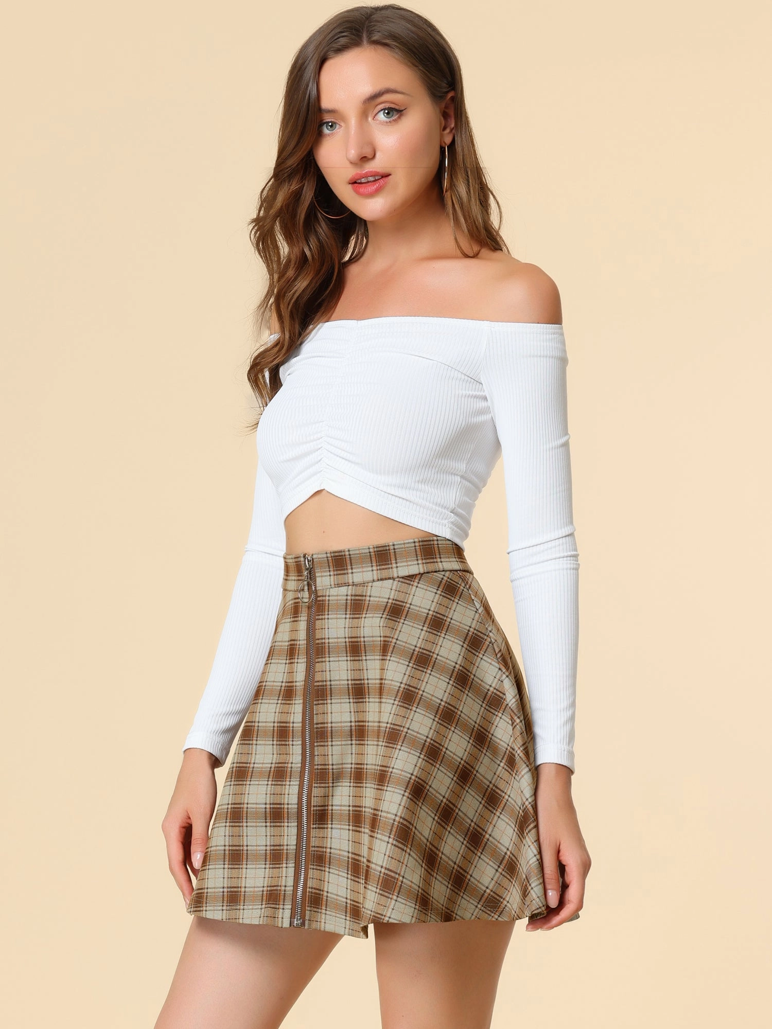 Christmas Plaid Skater Casual Flare Zip-Up Mini Skirt
