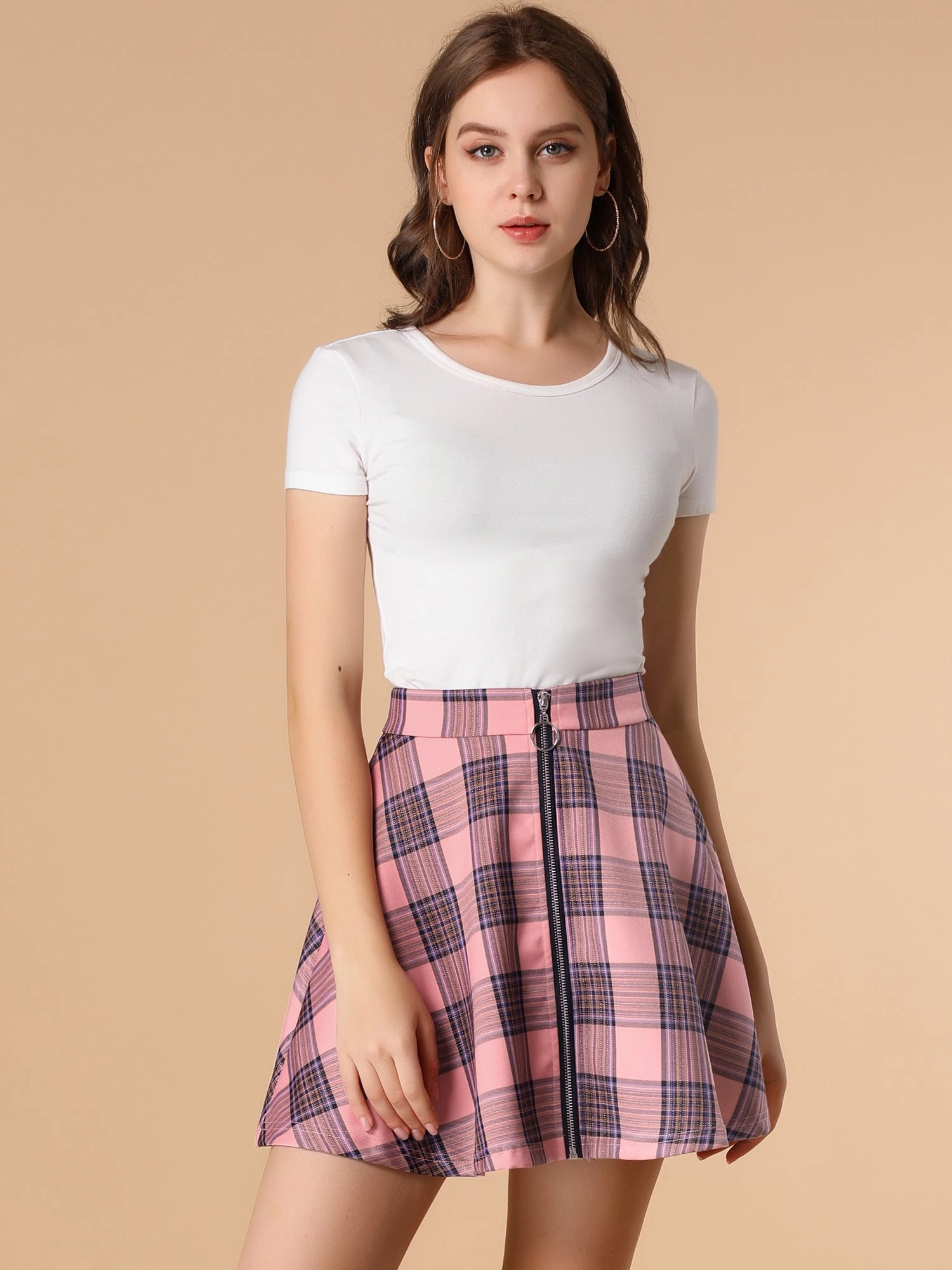 Christmas Plaid Skater Casual Flare Zip-Up Mini Skirt