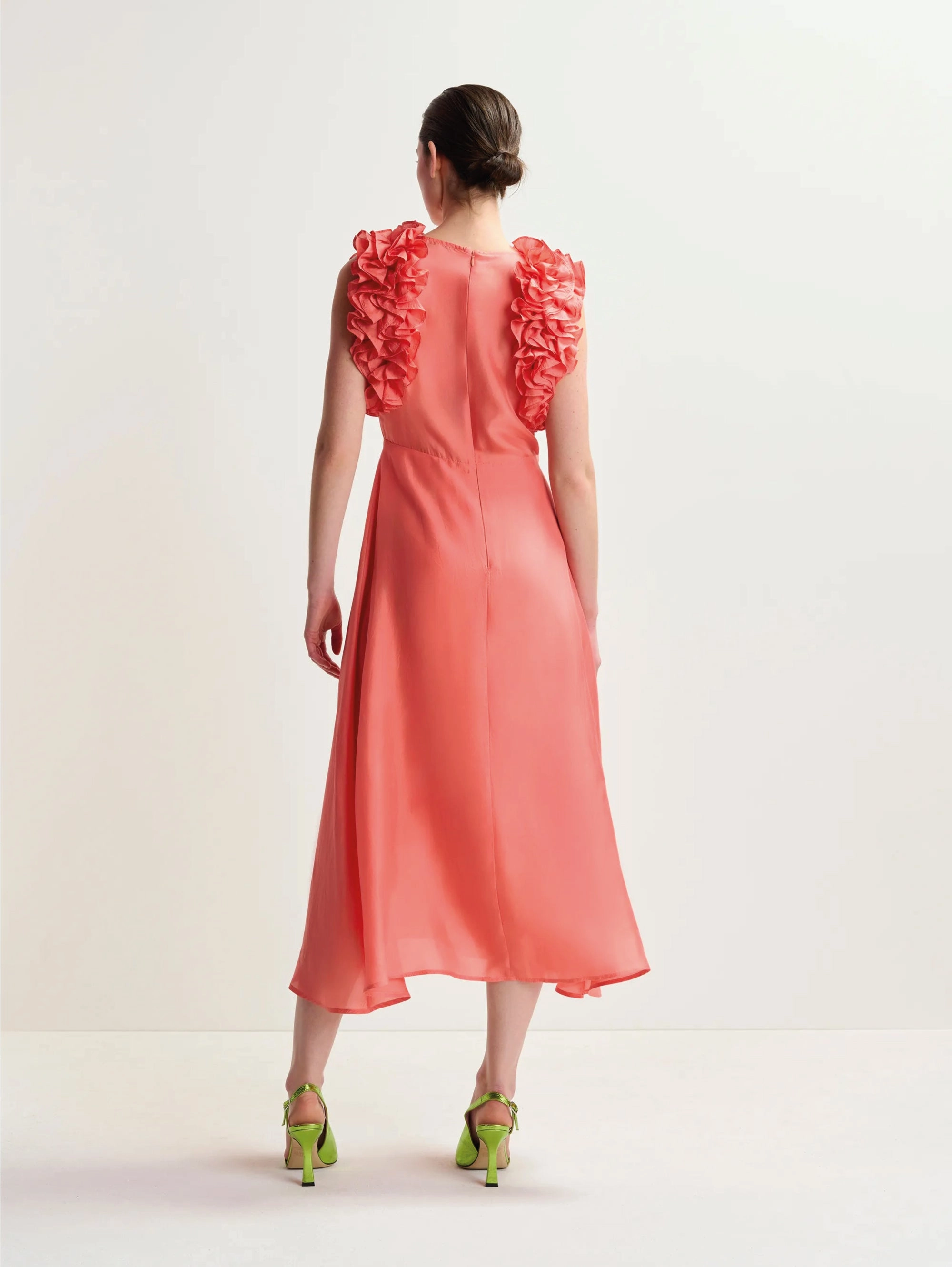 Coral Floral Ruffle Silk Midi Dress