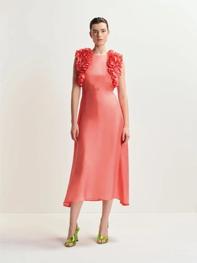 Coral Floral Ruffle Silk Midi Dress