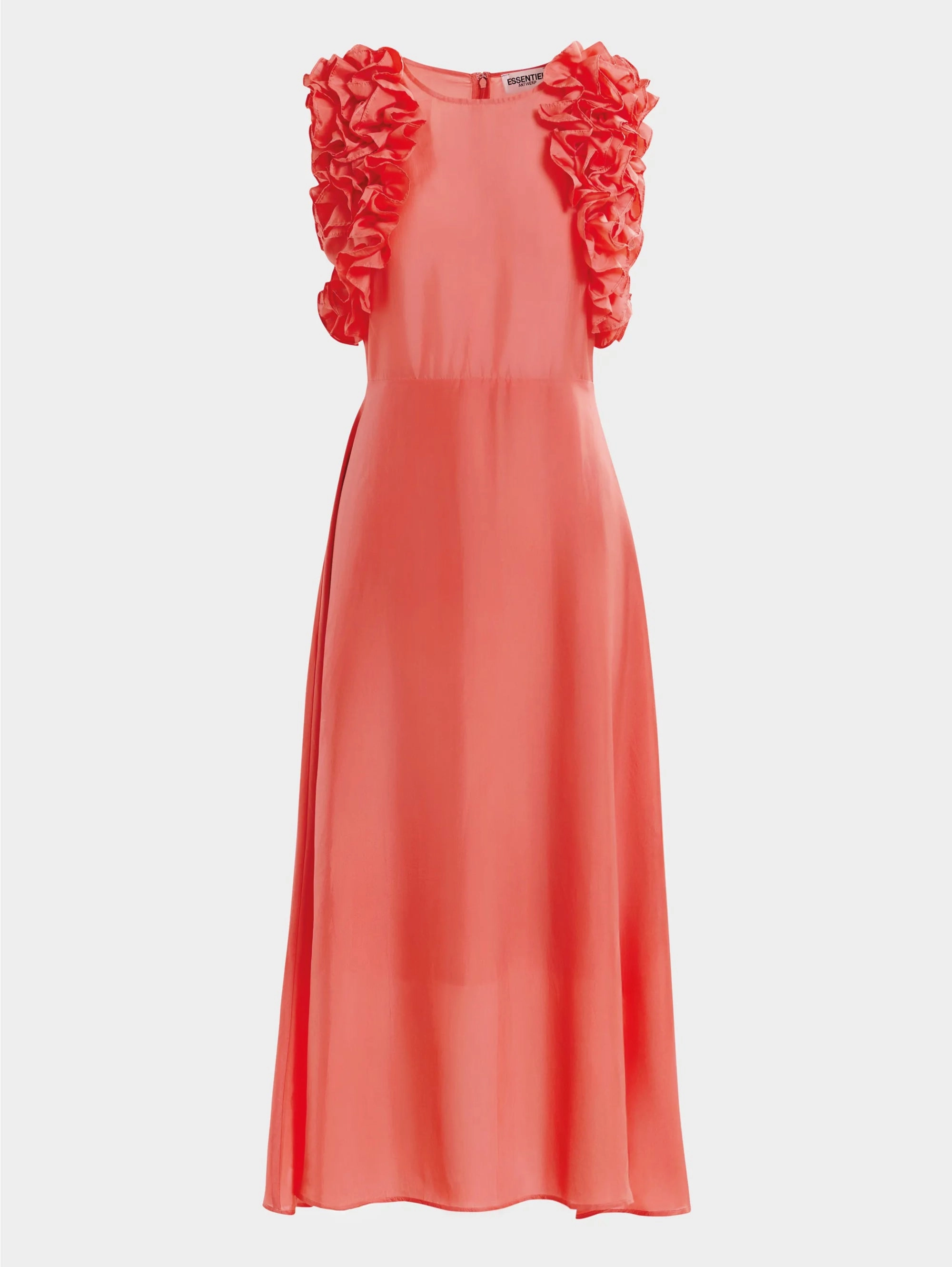 Coral Floral Ruffle Silk Midi Dress