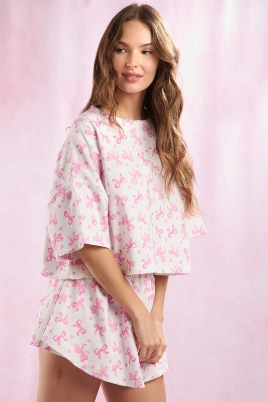 Cotton Terry Bow Ditsy Printed Shorts