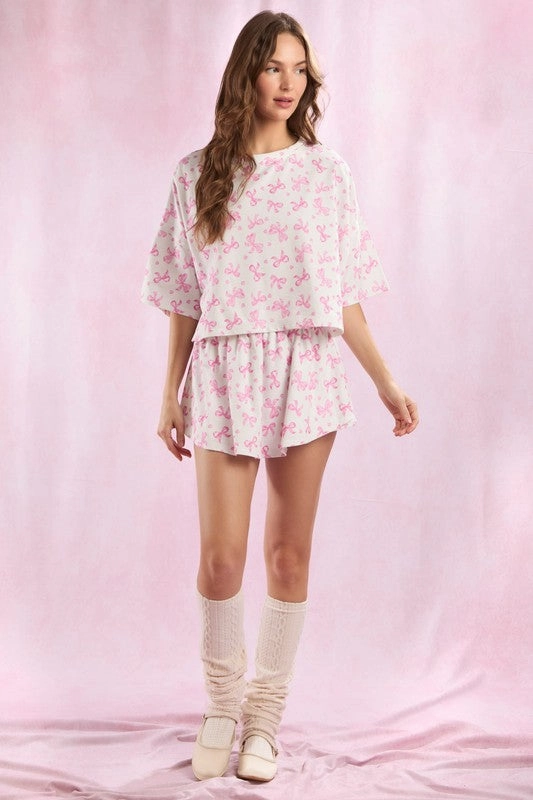 Cotton Terry Bow Ditsy Printed Shorts