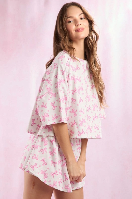 Cotton Terry Bow Ditsy Printed Shorts