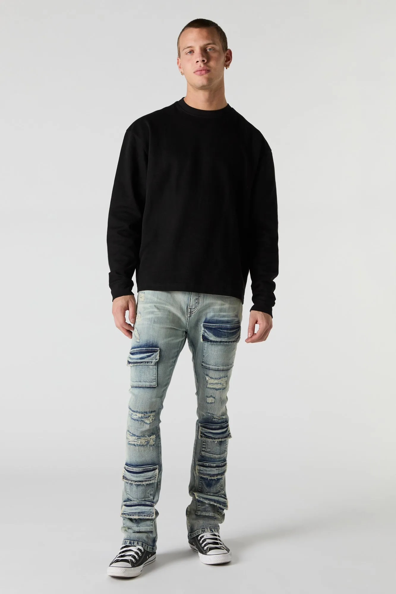 Distressed Denim Stacked Cargo Jean