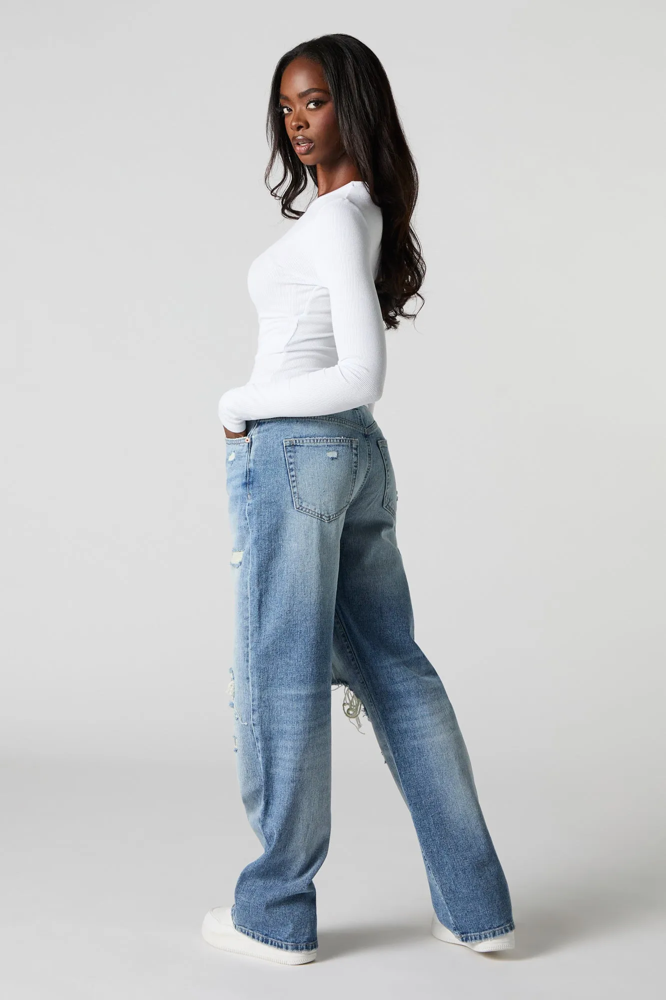Distressed High Rise Wide Leg Jean