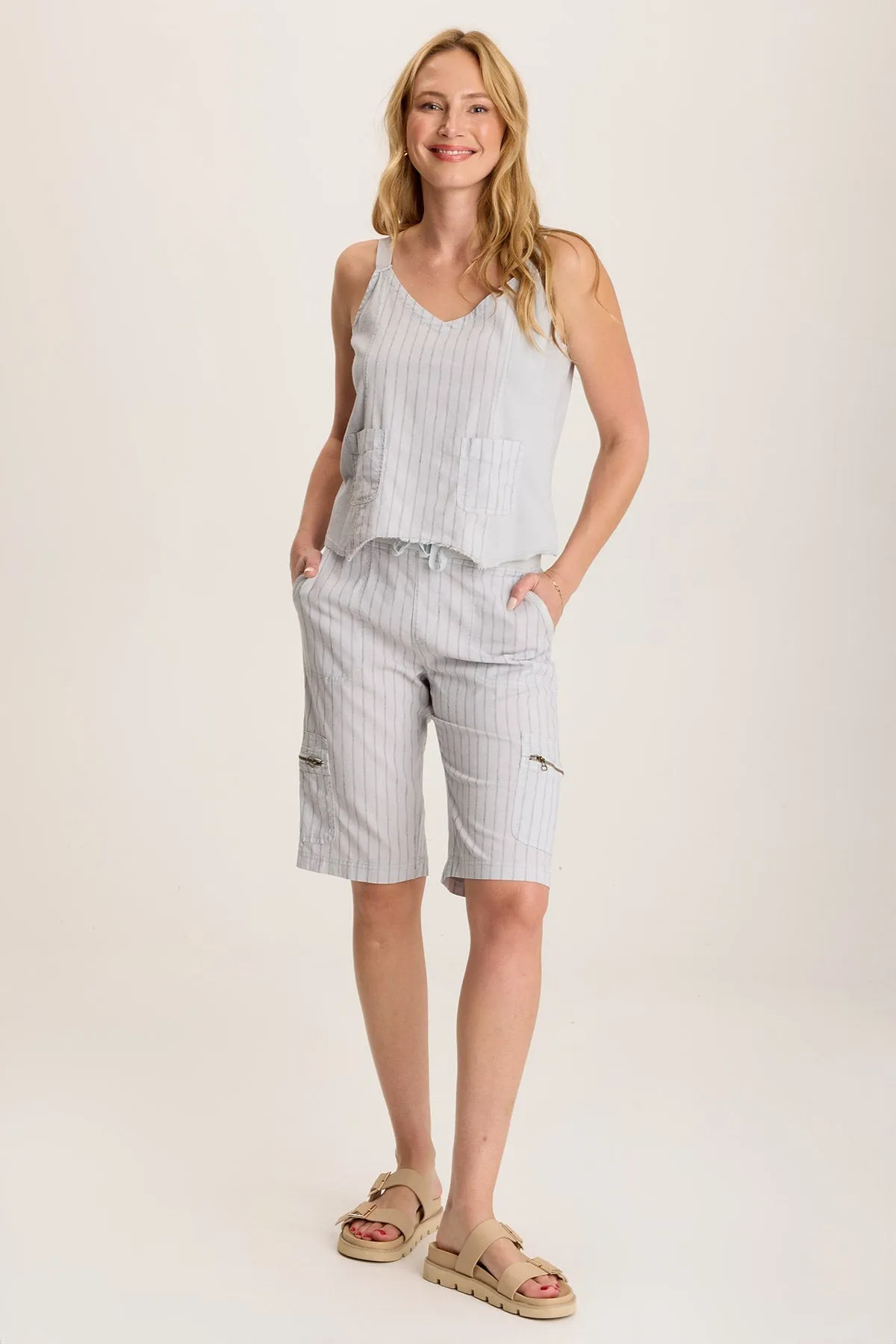 Favian Bermuda Linen Pinstripe Shorts with Cargo Pockets