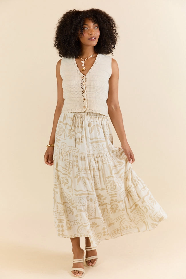 First Stop Ivory and Beige Icon Printed Midi Skirt