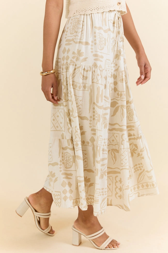 First Stop Ivory and Beige Icon Printed Midi Skirt