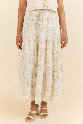 First Stop Ivory and Beige Icon Printed Midi Skirt